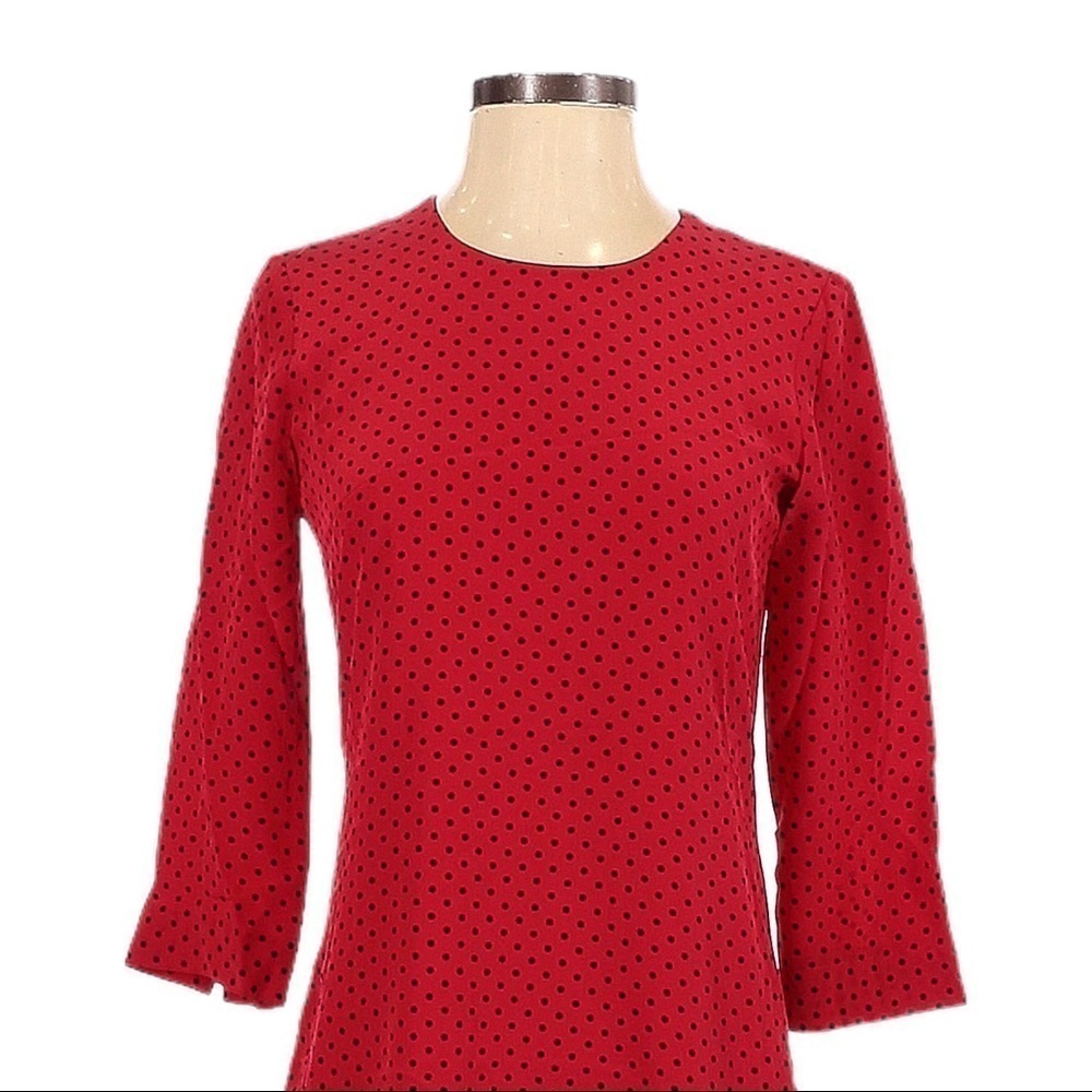 🌺 C Wonder Polka Dot 100% Silk 3/4 Sleeve Red Relaxed Fit Shift Dress Size XXS - Picture 3 of 9